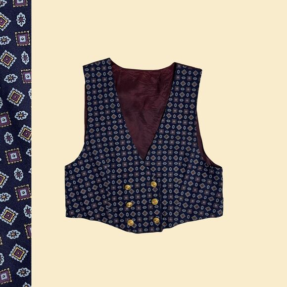 Vintage 70s vest, R.J. Stevens 1970s double breasted blue abstract pattered vest - Picture 1 of 6